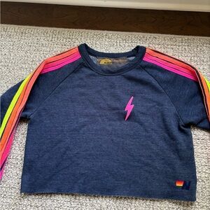 Aviator Nation Cropped Navy Blue Sweatshirt with Neon 5 Stripes